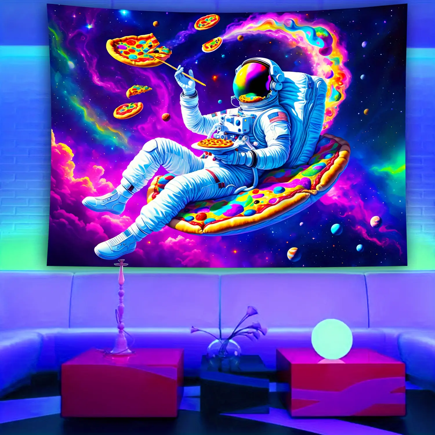 Fluorescent Astronaut Pizza Tapestry (Transverse, Other Patterns Available) with Installation Kit, Home Decor Hanging Cloth, Party Decoration, Live Backdrop, Living Room Art for Family Dormitory