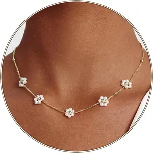 Dainty Daisy Pearl Necklace for Women - 14K Gold Plated Pendant Choker Set, Handmade Non-Tarnish Simple Jewelry Gift