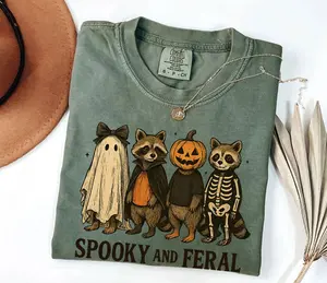 Comfort Colors Spooky and Feral Raccoon Shirt, Funny Halloween Raccoon Shirt, Cute Trendy Womens Halloween T-Shirt, Vintage Fall Shirt,Gift