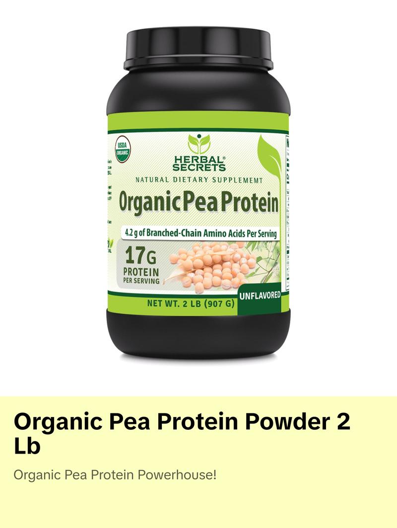 Herbal Secrets USDA Organic Pea Protein Powder | 2 Lb. | 17 Grams Protein per Serving | 34 Servings | Non-GMO | Gluten-Free | Made in USA