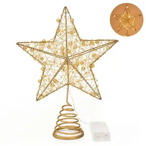 LED Light Christmas Tree Star Topper with Pearl Wire Gold Iron Xmas Tree Ornaments 2025 New Year Home Decoration Natal Noel 2024