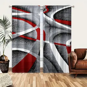 2pcs Window Curtains, An abstract rug featuring a dynamic design of curving, intertwining lines and shapes in red, white, grey, and black.Window Drapes for Bedroom Living Room, Rod Pocket Window Treatment, Room Decor Curtain