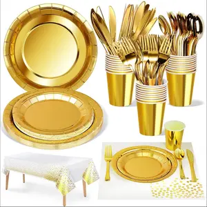 176-piece Gold Disposable Party Cutlery Set - Gold paper plates, napkins, paper cups, gold plastic forks, knife, spoons (175 pieces for 25 guests) + a tablecloth, suitable for wedding parties.