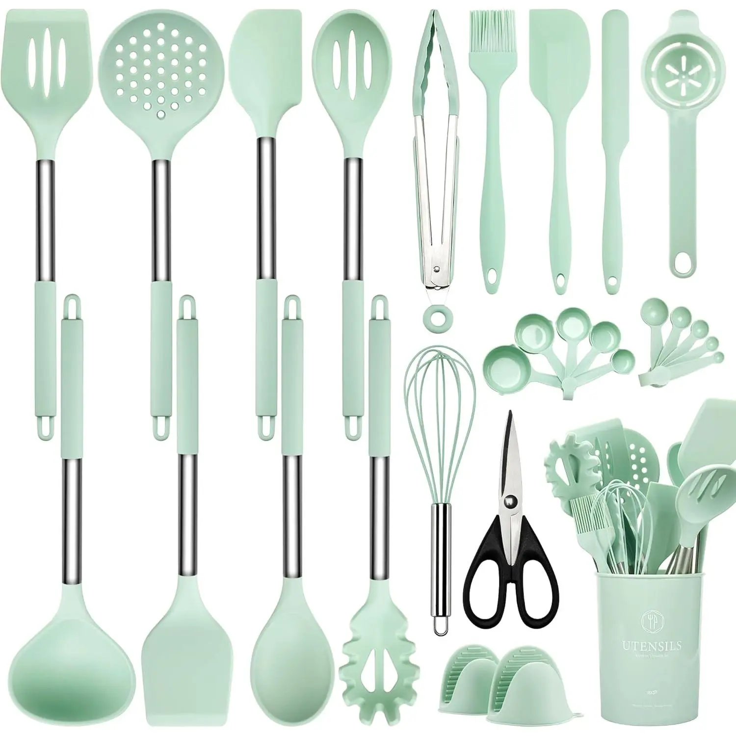 Kitchen Utensils Set, 28 count  Cooking Utensils Set with Holder, Spatula Set,  Whisk, Measuring Cups and Spoons Set with Stainless Steel Handle Kitchen Gadgets (Light Green)