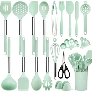 Kitchen Utensils Set, 28 count  Cooking Utensils Set with Holder, Spatula Set,  Whisk, Measuring Cups and Spoons Set with Stainless Steel Handle Kitchen Gadgets (Light Green)