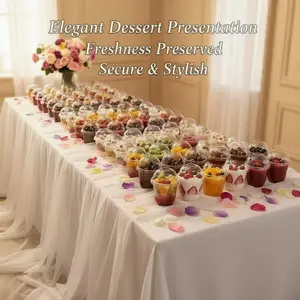 50 sets of reusable transparent plastic cups with circular lids, paired with exclusive spoons. Safe, eco-friendly, suitable for both beverages and desserts. Perfect for weddings, Thanksgiving, Halloween, and various parties. Party Supplies