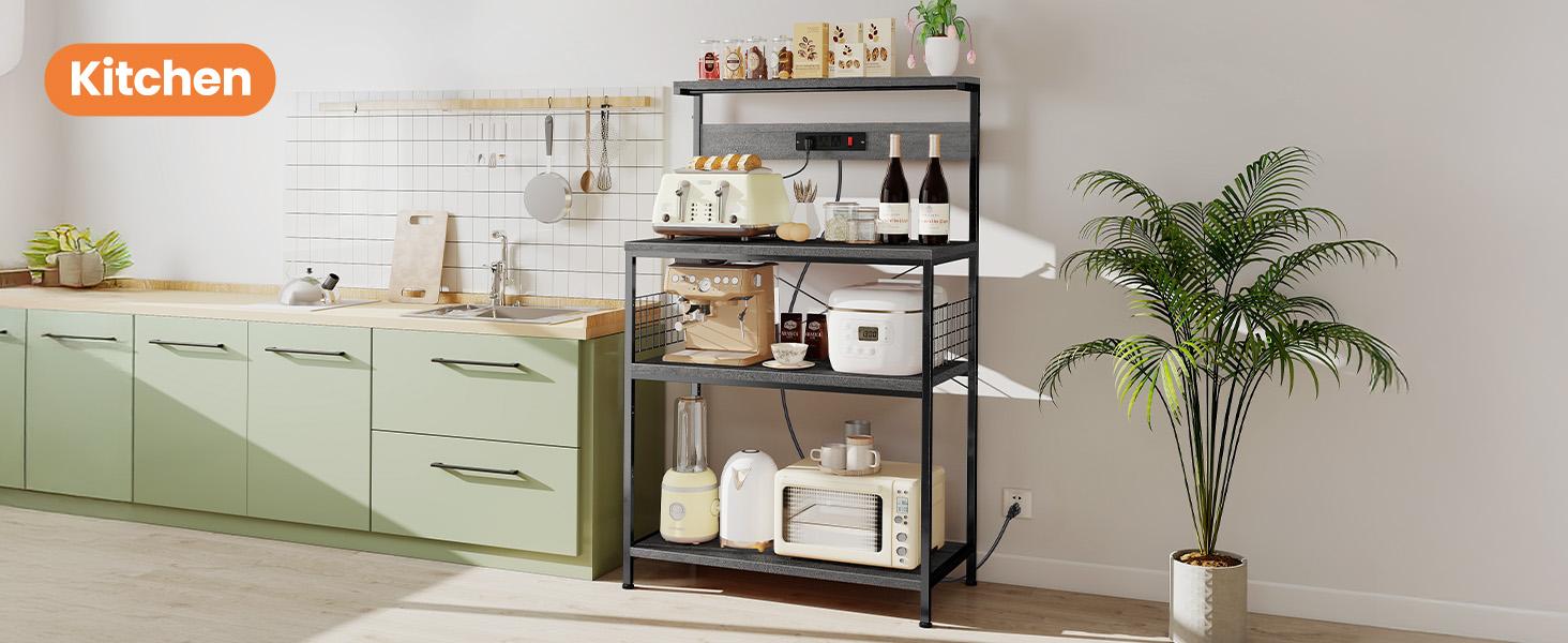 Kitchen Bakers Rack with Power Outlet, Coffee Bar Table 4 Tiers, Microwave Oven Stand Station, Adjustable Storage Shelf for Spices, Freestanding Appliance Organizer - 23.6 Inch