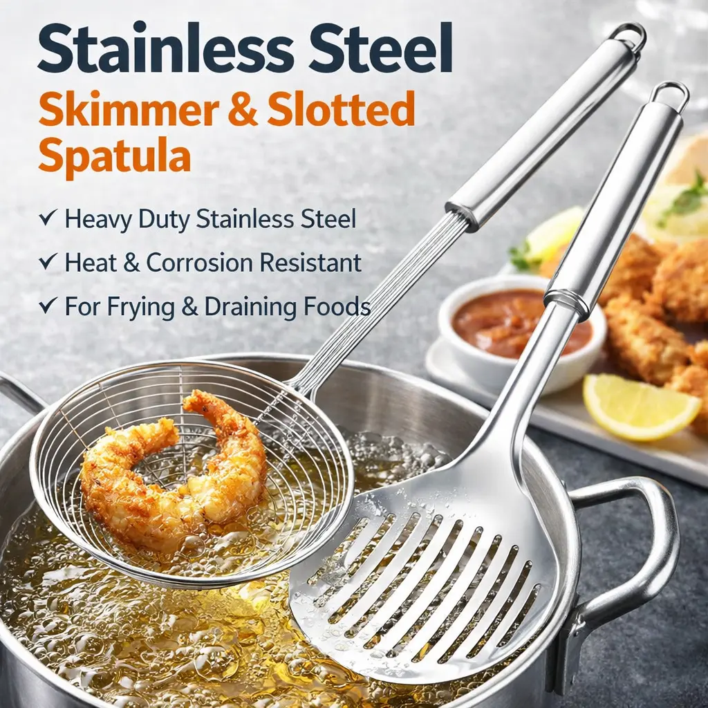 Heat Resistant 18/8 Stainless Steel Metal Kitchen Utensil Set - 2pcs, 13"-13-inch Long Handles, Slotted Skimmer, Fish Turner Spatula, Spider Strainer Ladle, Slotted Spoon for Pot Frying, Drain Oil