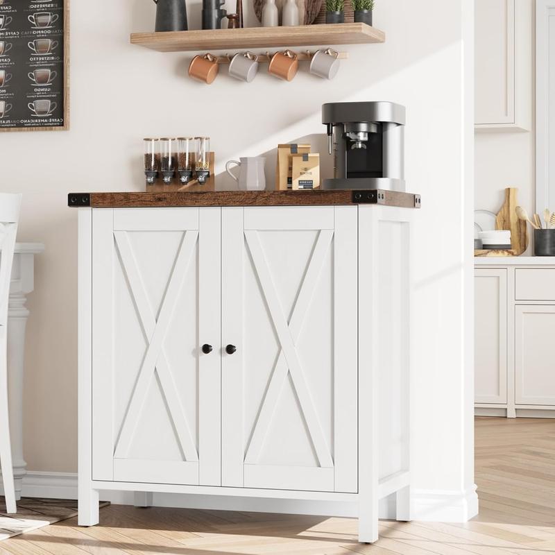 【GARVEE】Kitchen Credenza, Sideboard with 2 Doors, Living Room Credenza with Adjustable Shelves, Country House Style for Kitchen, Dining Room, 76 x 40 x 80 cm (White and Brown)