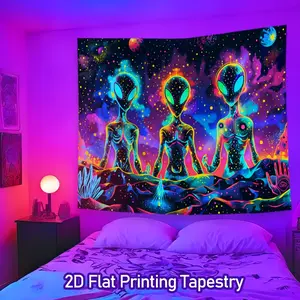 1PC Large Neon Alien Pattern Blacklight Tapestry Wall Hanging Cosmic Galaxy Tapestry Uv For Bedroom,Living Room,Office,Party Or Room Decor 37*73/59*51/78*59inch Polyester Tapestries With Free Installation Package Winter Home Wall Decoration For Men Women