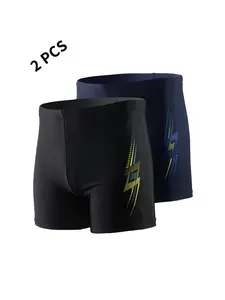 A Set Of Two Men'S Square-Cut Racing Swim Trunks Designed To Reduce Drag, Offering Comfort And Performance For Swimming Surfing,2pcs-Men'S Simple And Classic Lightning Print Briefs With Flat Crotch, Lightweight, Comfortable Breathable.