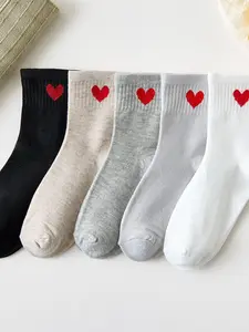 10 Pairs Women's Crew Socks, Heart Pattern, Casual Style, All Seasons Comfortable Breathable, Random Color Mix, Fitted Design, Casual Daily Socks