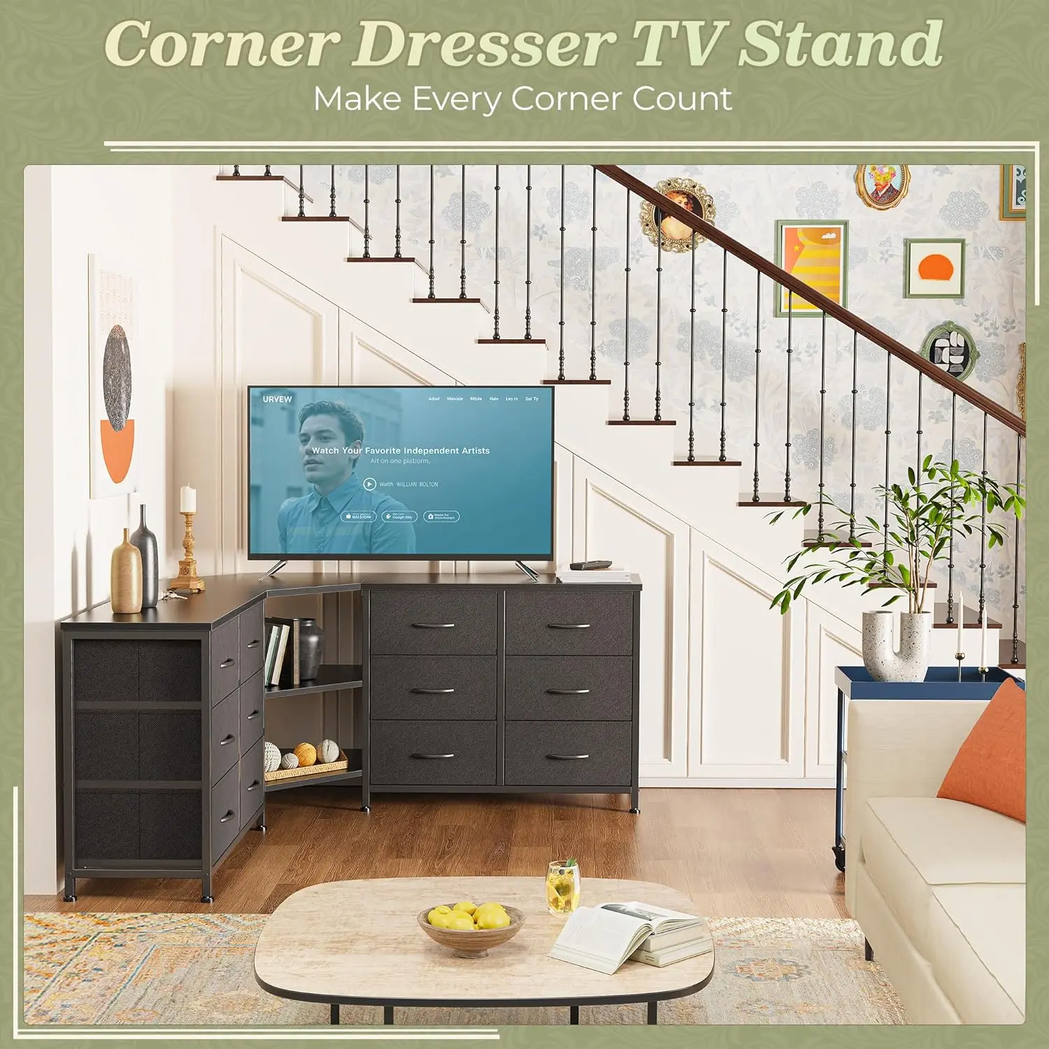48 Inch Black Dresser for Bedroom, Corner TV Stand for 43, 55 inch TV, L  Shaped Chest of Drawer with Storage and Open Shelves, 12 Drawer Fabric  Dresser for Closet, for Small Place - TikTok Shop
