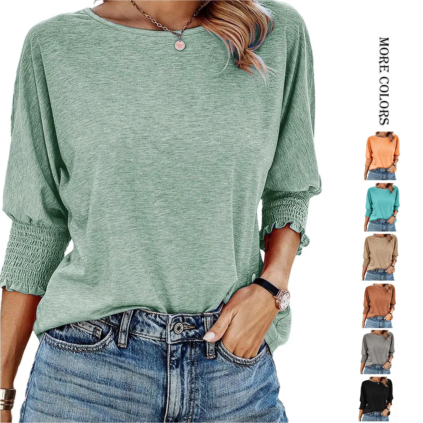 Women's Minimalist 3/4 Batwing Sleeve Top, Comfortable Round Neck Blouse for Business Casual, Fitted Basic Women's Clothes, 2026 Fashion Trends