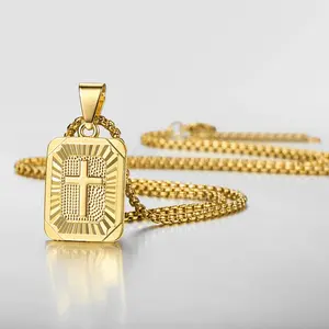 Square Cross Pendant Necklace Golden Charm Stainless Steel Box Chain for Men Women 21x13mm Gold-Plated Jewelry Gifts