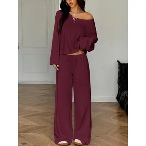 Women’s 2-Piece Pajama Set, Elegant Solid Long-Sleeve Top & Wide-Leg Pants, Warm Sleepwear for Autumn/Winter, Casual Loungewear