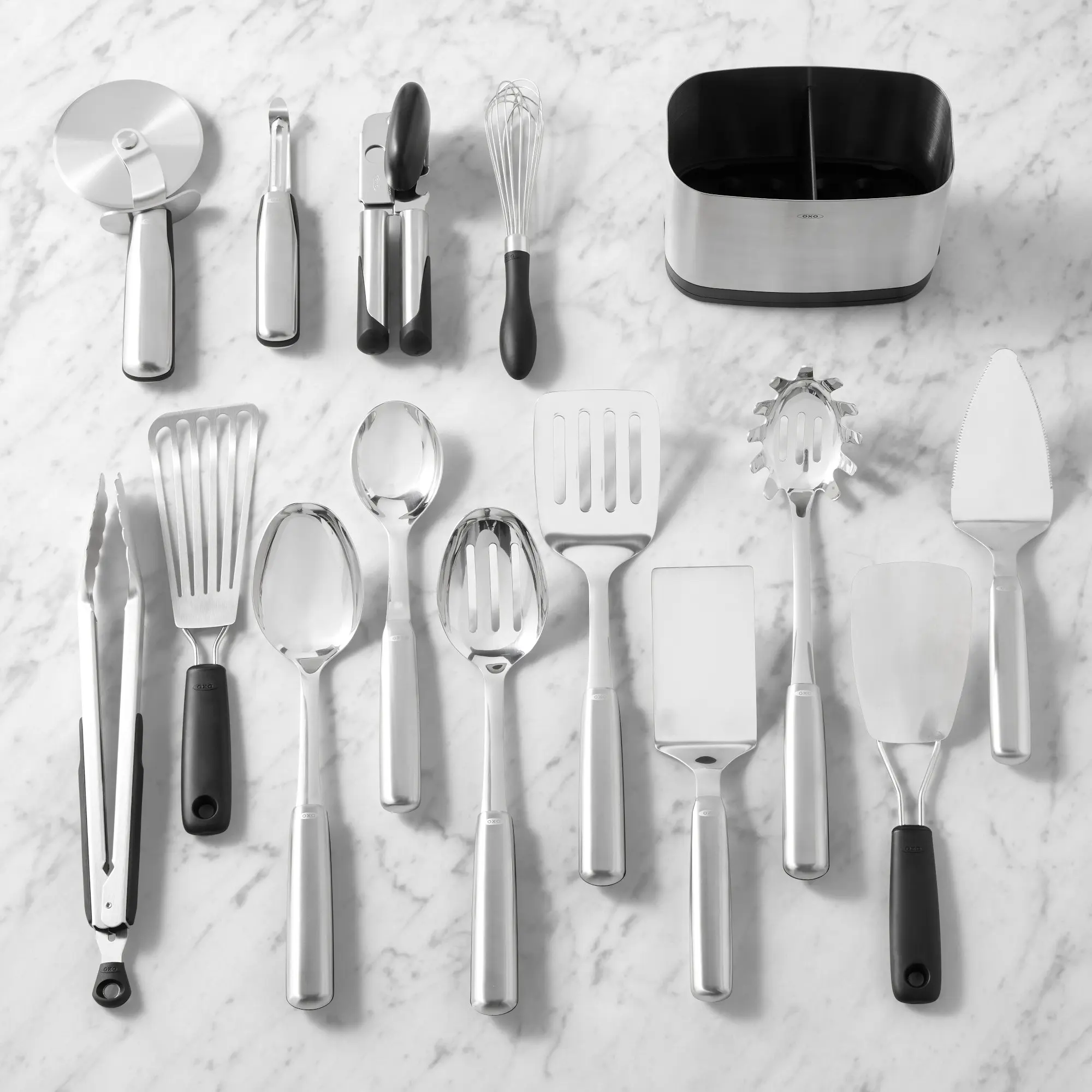 Good Grips Stainless Steel Utensil Holder with 12-Piece Set, including Spatulas, Tongs, Whisks, and more, for Kitchen Organization