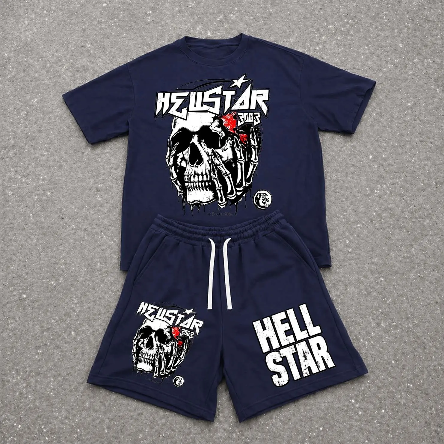 Men’s Summer 2 Piece Set, Steel Skull  Hiphop Street Style Letter Print Short Sleeve T Shirt and Drawstring Shorts Matching Outfit, Lightweight Breathable Casual Set for Travel, Streetwear, Beach, Vacation, and Daily Wear