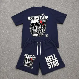 Men’s Summer 2 Piece Set, Steel Skull  Hiphop Street Style Letter Print Short Sleeve T Shirt and Drawstring Shorts Matching Outfit, Lightweight Breathable Casual Set for Travel, Streetwear, Beach, Vacation, and Daily Wear