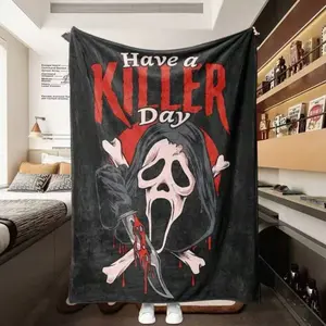 Glowing Scream Dark Blood Cool, Terror Fan Gift, Party Decor, Sofa Bedroom Living Room Home Decoration, Slogan Print Blanket