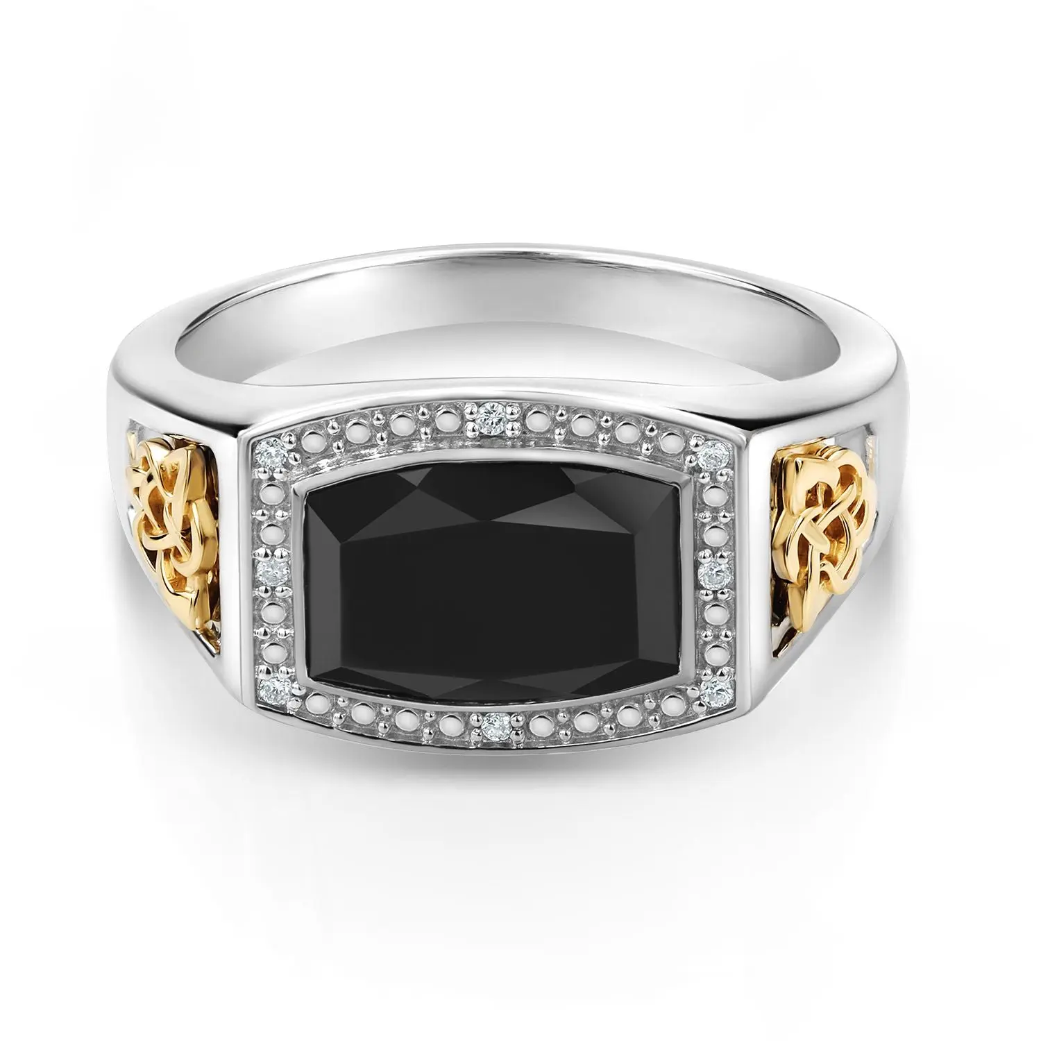4.51 Cttw Black Onyx and White Lab Grown Diamond Ring For Men | 925 Silver and 10K Yellow Gold | Emerald Cut 11X8MM | Available In Size 7, 8, 9, 10, 11, 12, 13