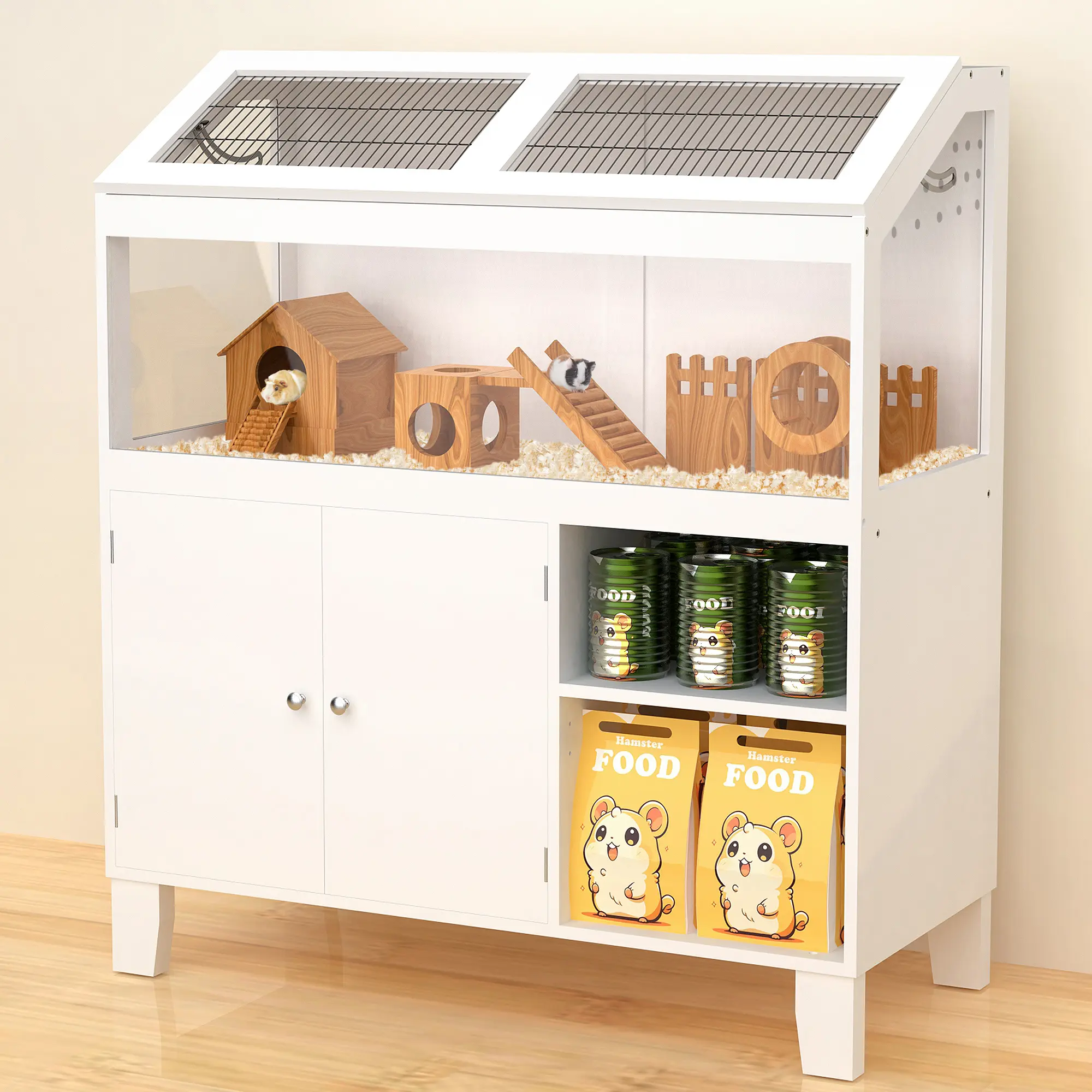 Hamster Cage, Natural Wood Small Animal Cage with Storage Cabinet, Hamster Cages and Habitats Pet Supplies Enclosure