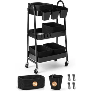 3-Tier Rolling Cart with 4 Woven Baskets, Diaper Book Snack Cart, Organizer for Nursery,, Craft Room, Home SPA, Living Room, Frame Trolley on Lockable Wheels, Black