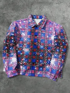 Retro Sparkling Gem Glitter Check Shirt in Blue, Full Rhinestone Checkered Design for Eye-Catching Casual Style, Perfect for Parties and Daily Wear