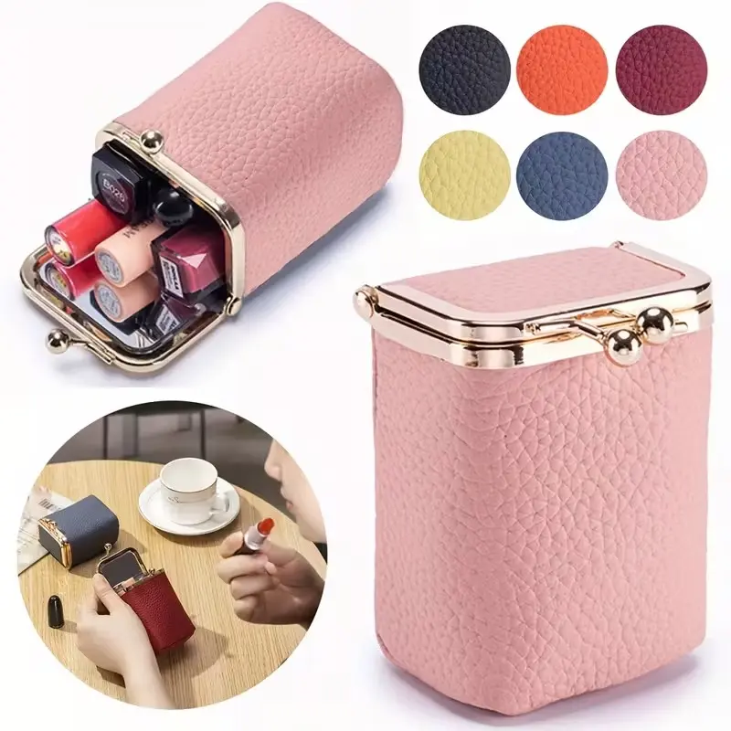 High-Quality Genuine Leather Litchi Texture Lipstick Pouch, Mirror Included, Multifunctional Small Coin Purse, Makeup Storage Bag, Makeup Organizer Pouch, Vanity Purse, Cosmetic Pouch, Compact and Convenient