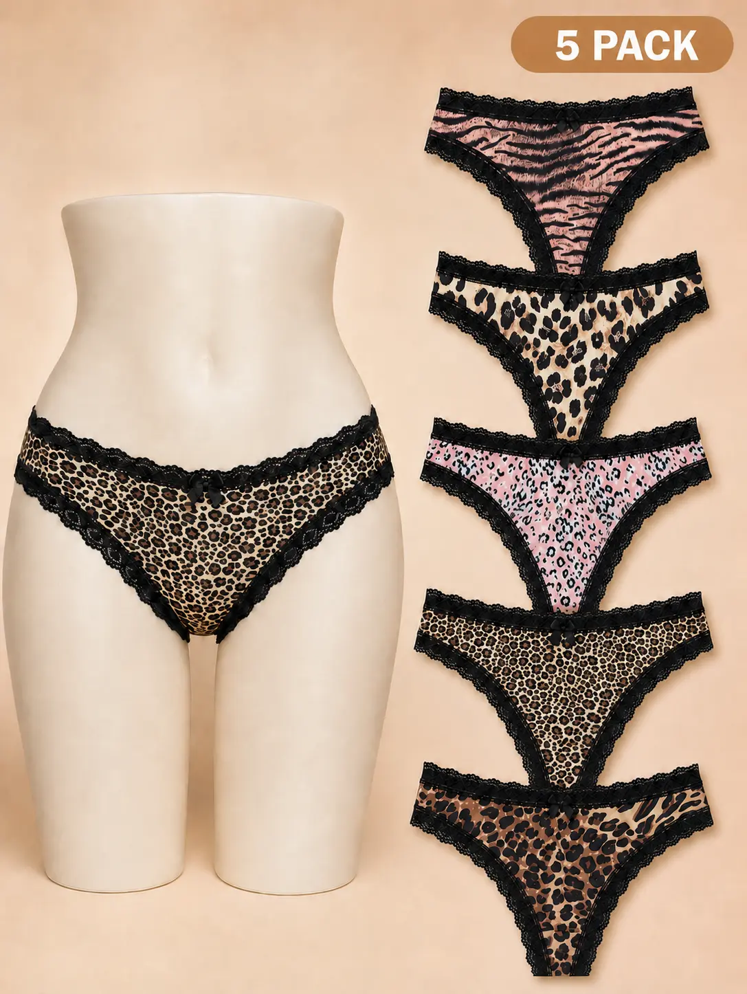 Women's 5-Pack Leopard & Tiger Print Low-Rise Bikini Panties with Black Lace Trim & Bow Detail, Cheeky Hipster Lingerie, Pink & Brown Assorted Animal Print Everyday Panty Set (panties for women)