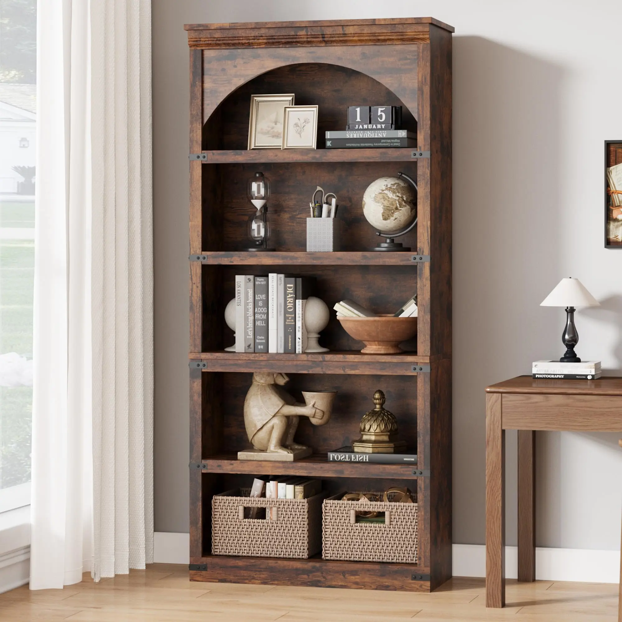 Garvee 68.7" Farmhouse Arched Bookcase - Tall Wooden Bookshelf with Arch Design and Wooden Base, 5-Tier Rustic Vintage Book Shelf for Living Room, Office, Library in Brown