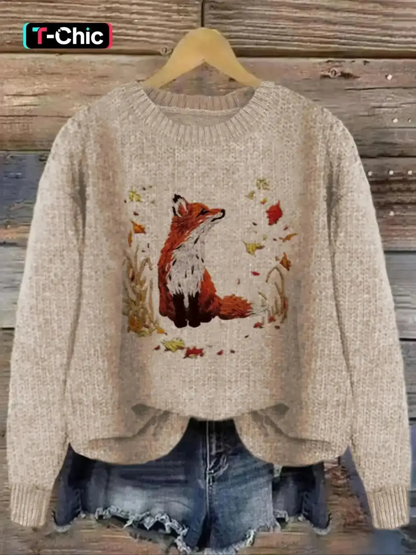 Women's Fox & Leaf Print Drop Shoulder Sweater Pullover, Casual Long Sleeve Round Neck Jumper for Fall & Winter, Fashion Ladies' Knitwear for Daily Wear, Tops, Womenswear, Casual Chic, Everyday Comfort, Easy Styling