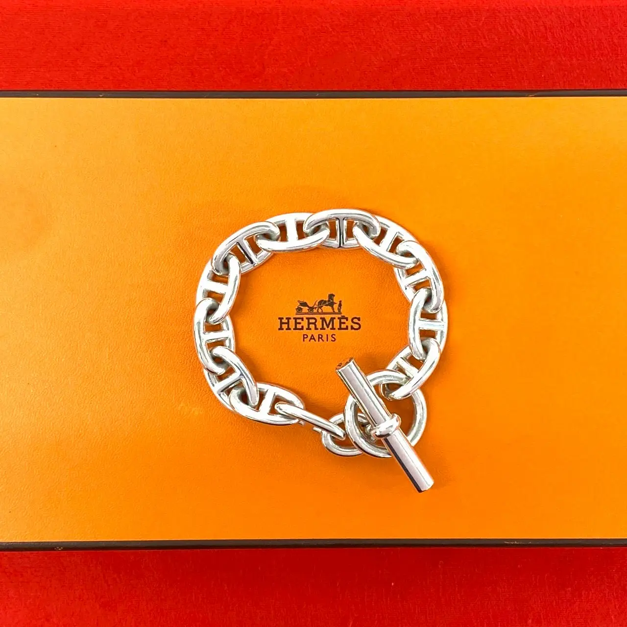 Pre-owned HERMÈS Sterling Silver 925 (Ag925) Small Leather Goods Hermes Chaine d’Ancre TGM Silver Bracelet