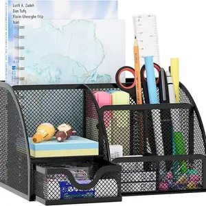 Mesh Desktop Organizer Box with Drawer, Multi-Functional Pen Holder, 7 Compartments, Office and Study Supplies