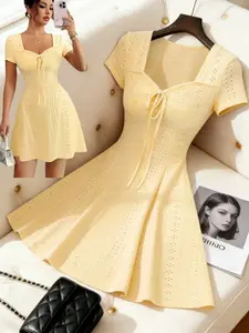 New Cream Knitted Jacquard Sexy Bodycon Bow Tie Waist Women's Summer Skirt, Fashionable, Chic and Stylish Short Dress for Ladies