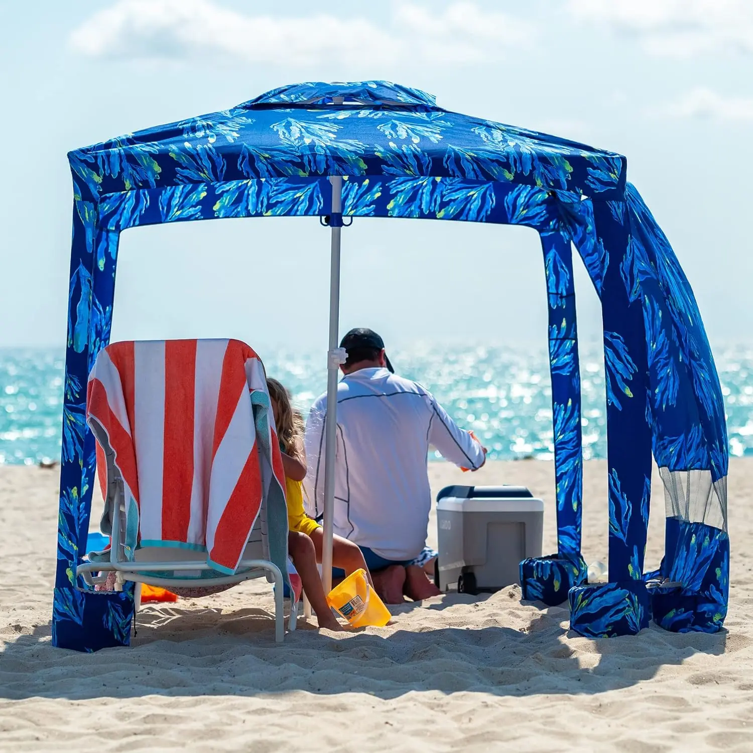 AMMSUN 6.5ft x 6.5ft Striped Beach Cabana for Family, Portable and Stable Shaded Canopy with UPF 50+ Protection, Removable Sidewall, Sand Pockets and Mesh Pocket, Lightweight Canopy, Water Resistant, 1 X Removable Sidewall