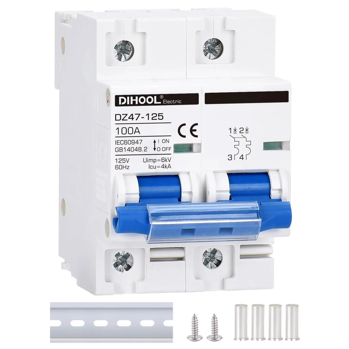 AC Miniature Circuit Breaker,2 Pole 100 Amp 110V Low Voltage Disconnect Switch,DIN Rail Mount