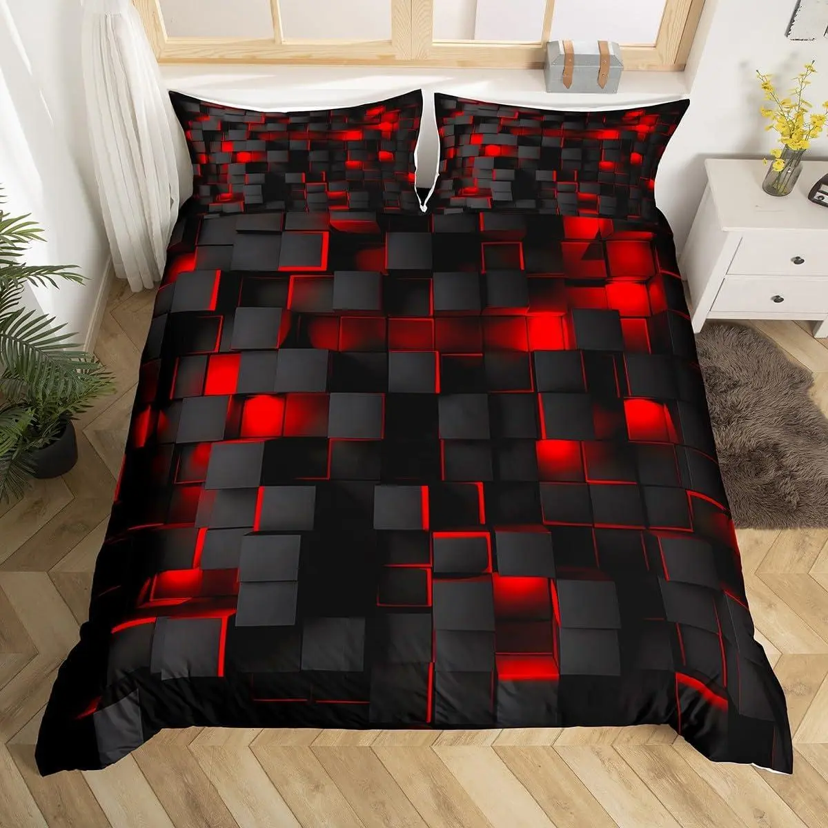 Red and Black Bedding Duvet Cover Set Light Geometric Bedding Set Decor Comforter Cover Set Modern Bedspread Cover