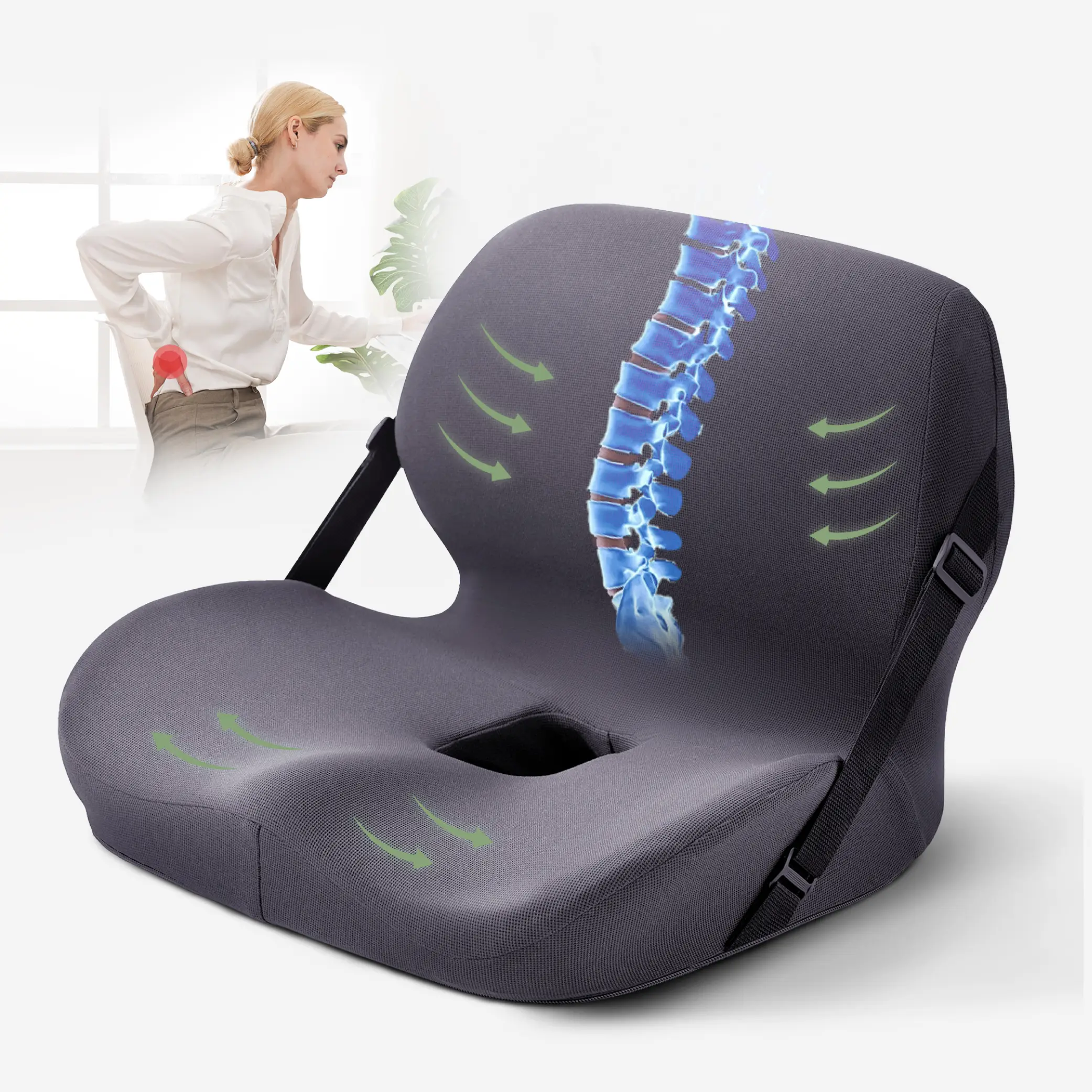 Non-Slip Memory Foam Seat Cushion with Back Support – Ergonomic, Skin-Friendly, Breathable Mesh, Washable Cover, for Office, Car, Home & Outdoor Use