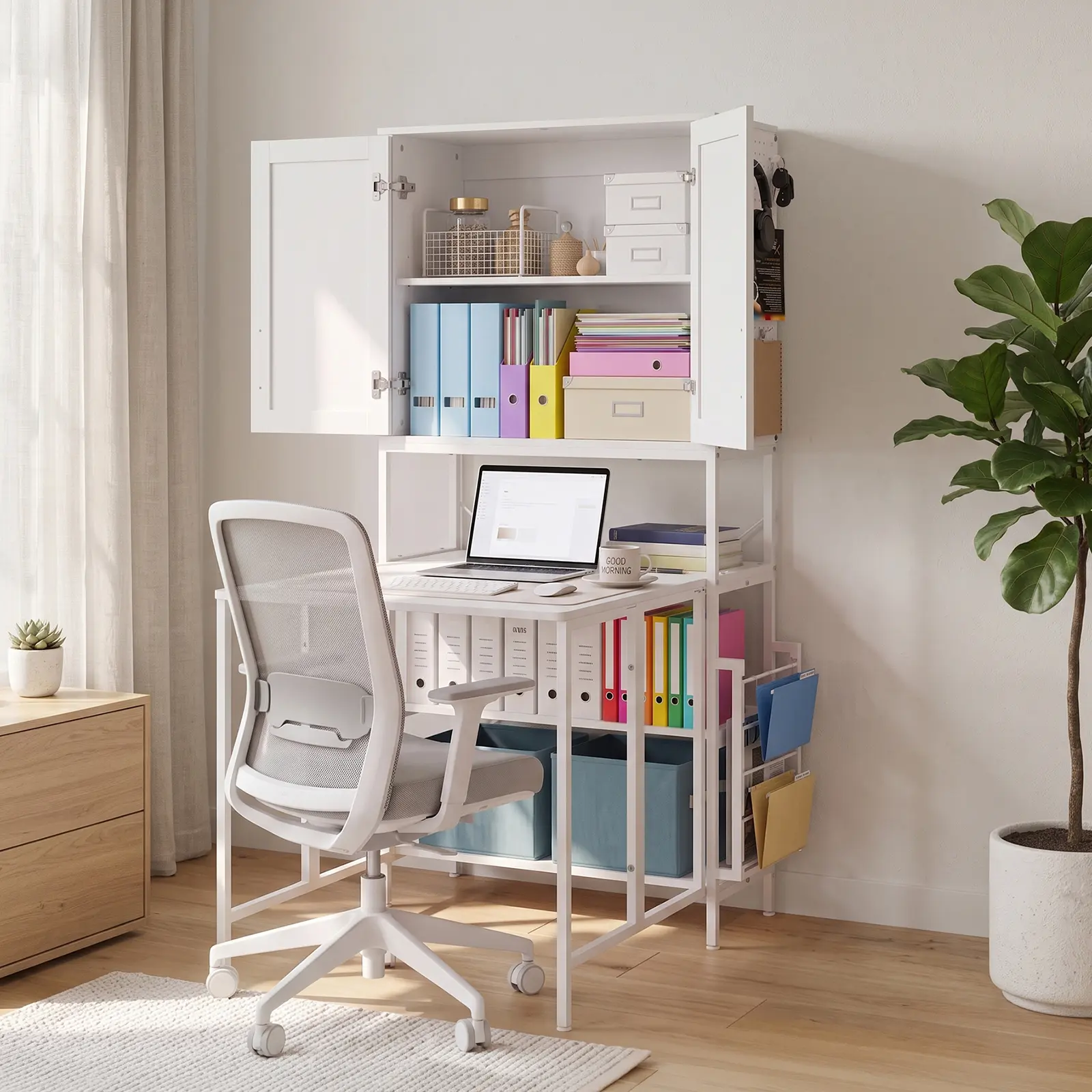 Foldable Computer Desk with Storage Cabinet & Power Outlet, Space Saving Student Study Desk with Pegboard & Hutch for College Dorm & Apartment