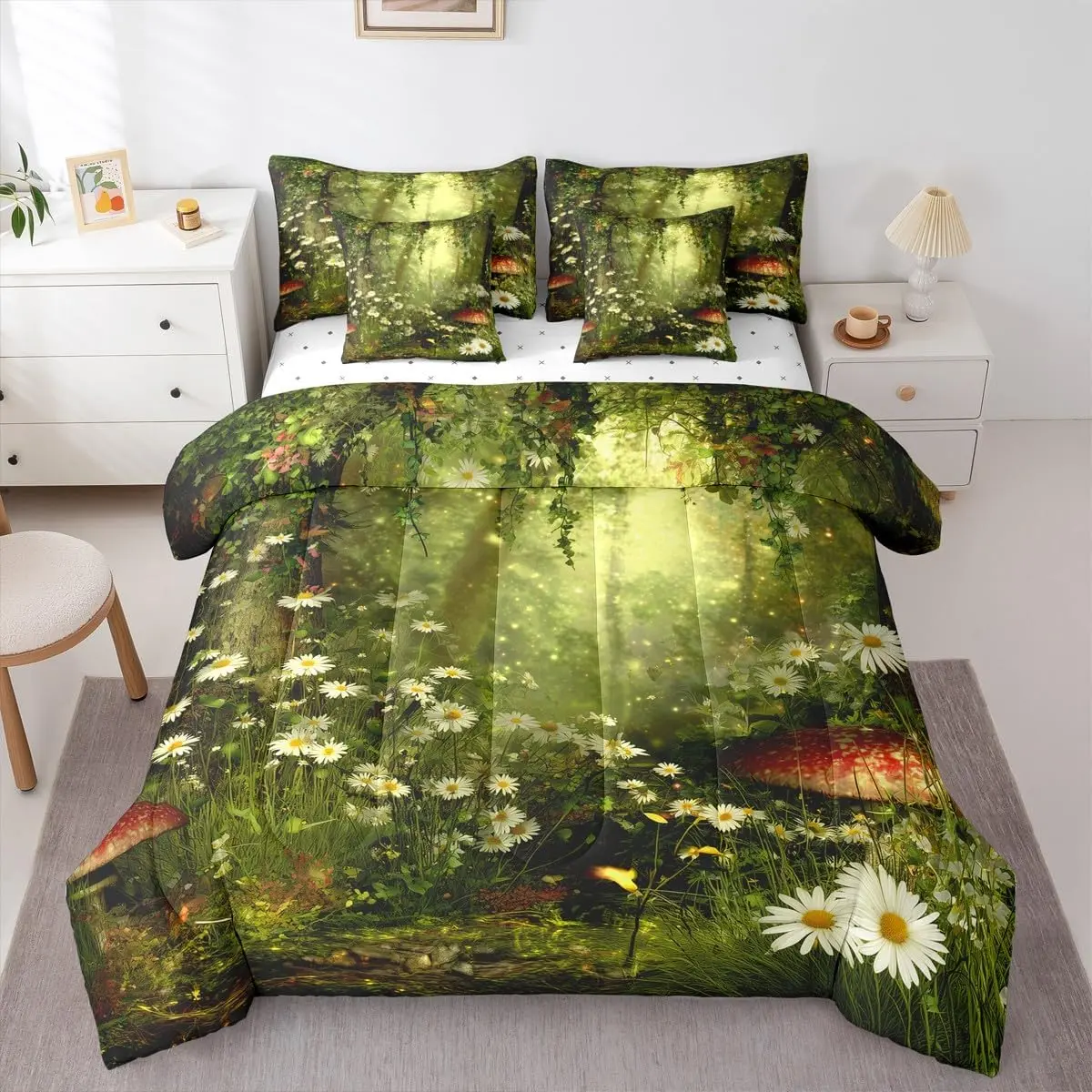 Magical 7 Pcs Bedding Set,Mushroom Comforter Set with Sheets, Daisy Leaves Branches SunSet,Nature Bed in A Bag