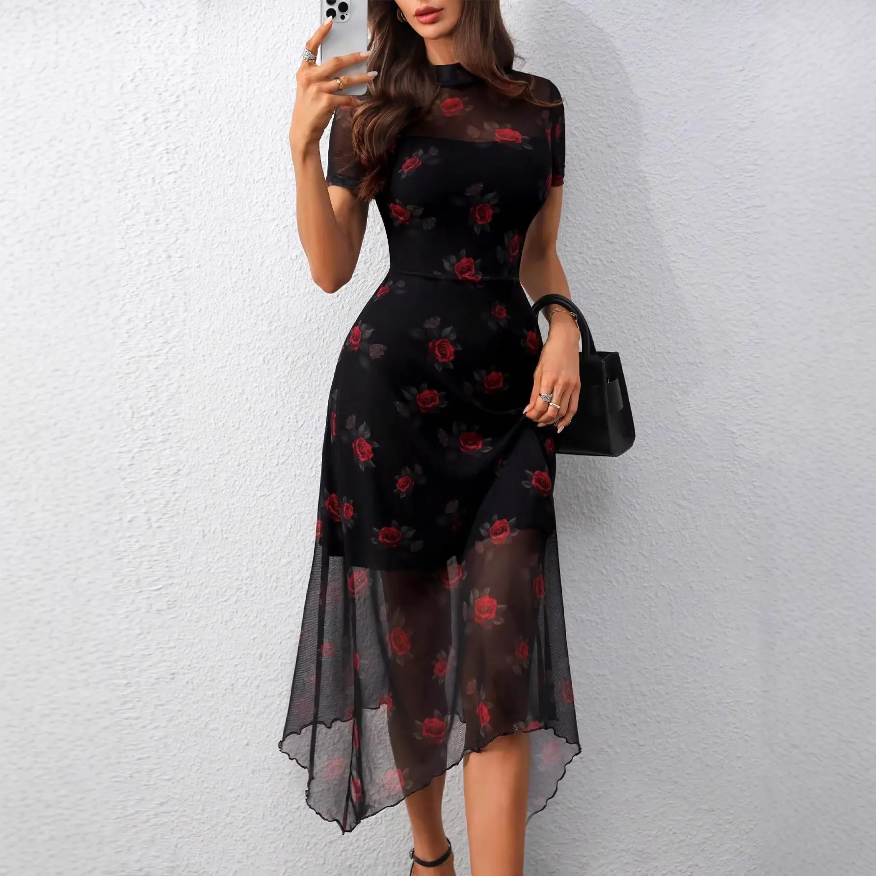 Sheer Maxi Dress with Split Thigh French-style sexy mesh printed slim-fit fishtail dress