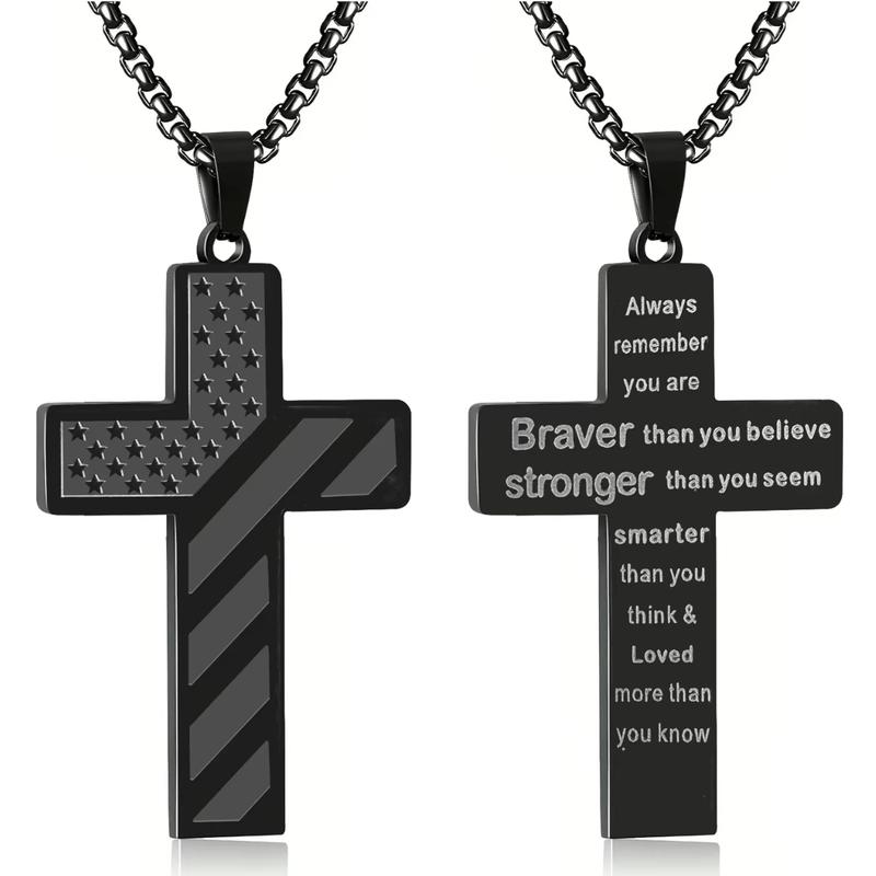 Men's Cross Necklace: Bible Verse & American  Flag Pendant | Stainless Steel Patriotic Faith Chain - Bold Gift for Him men boy black tone Strength Inspiration