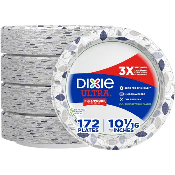 Ultra, Large Paper Plates, 10 Inch, 172 Count, 3X Stronger*, Heavy Duty, Microwave-Safe, Soak-Proof, Cut Resistant, Disposable Plates For Heavy, Messy Meals (Design May Vary)