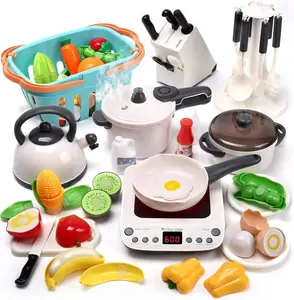 Cute Stone Pretend Play Kitchen Toy Set with Cookware, Steam Pressure Pot, Electronic Induction Cooktop, Cooking Utensils, and Cutting Food Fruits Vegetables summerwins