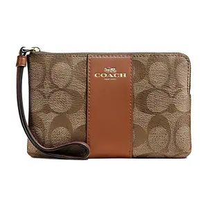 COACH Corner Zip Wristlet 16 Top-Zip Closure Synthetic Leather Small Handbag for Women in Khaki and Saddle Brown