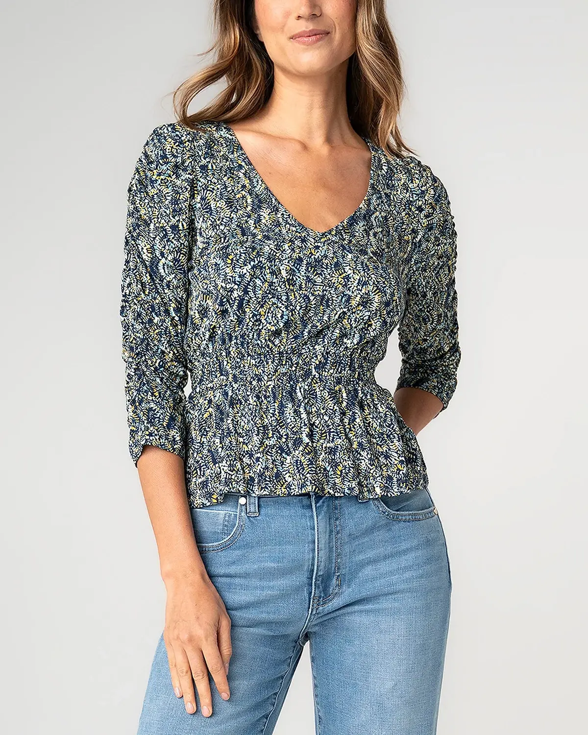 Women's Peplum Shape Blouse, 3/4 Ruched Sleeves, V-Neck Feminine Knit Top, 3/4 Sleeve, Knit Fabric