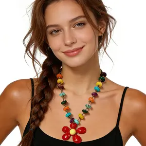 Bohemian Easy Fashion Colorful String Bead Necklace with Exaggerated Flower Pendant for Women'S Necklaces