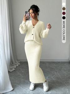 women's solid button front sweater & long skirt two-piece set, casual drop shoulder long sleeve knit top & high waist skirt for daily outdoor wear, women's knitwear for fall & winter