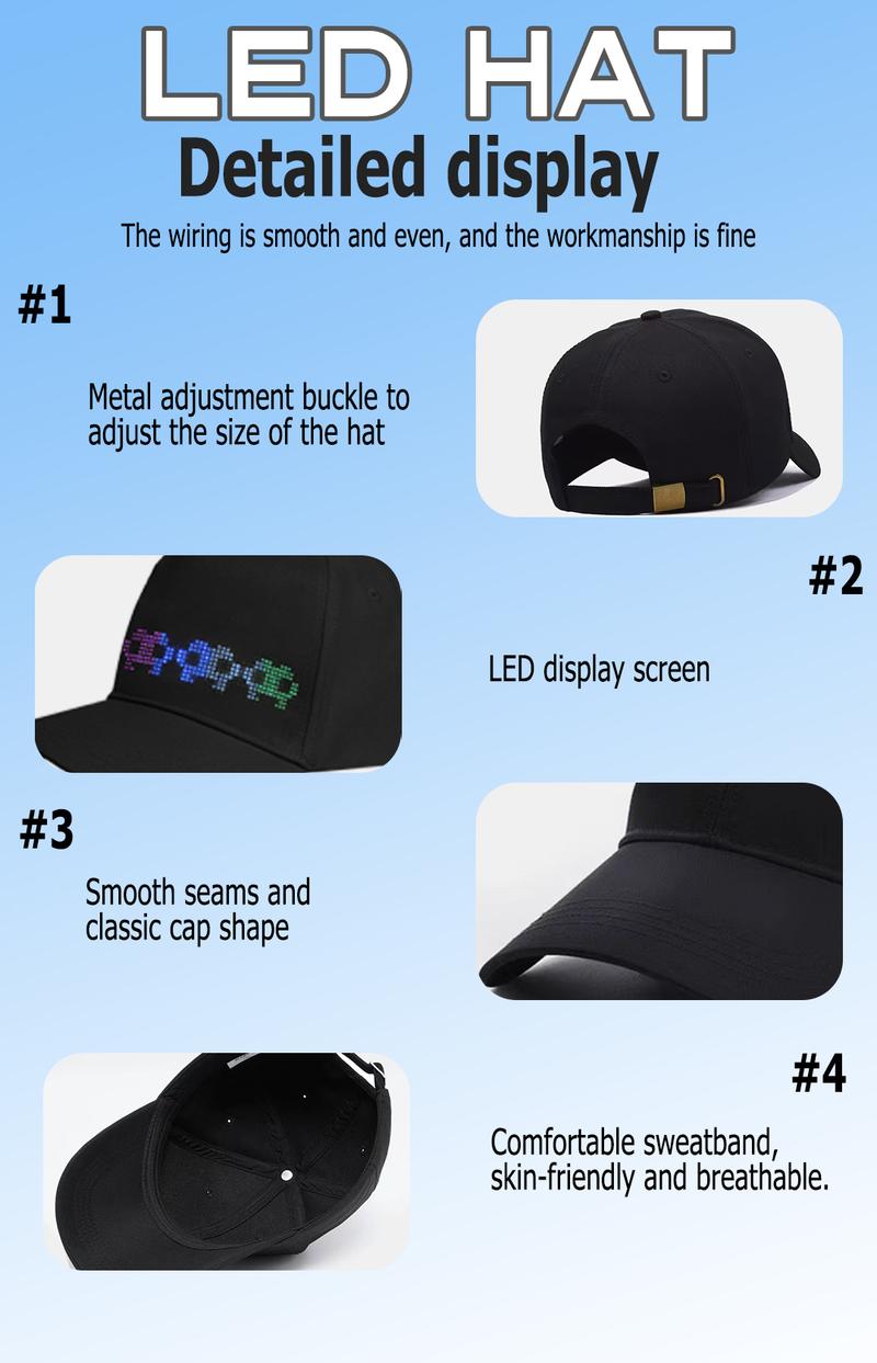 YOYOWAY LED Rolling Display Hat Customized Gif Picture And Text Bluetooth App Controlled Detachable Led Display Baseball Cap BlackFriday High-Quality Materials & Versatile Use YOYOWAY LED Rolling Display Hat Customized Gif Picture And Text Bluetooth App Controlled Detachable Led Display Baseball Cap BlackFriday High-Quality Materials & Versatile Use